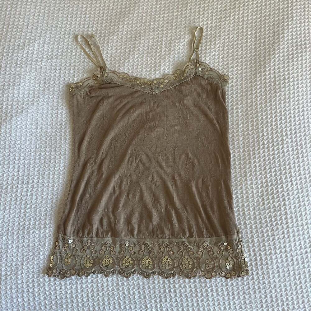 Y2k fairy core Lace-Trim Slip Cami in Tan/Brown Vintage